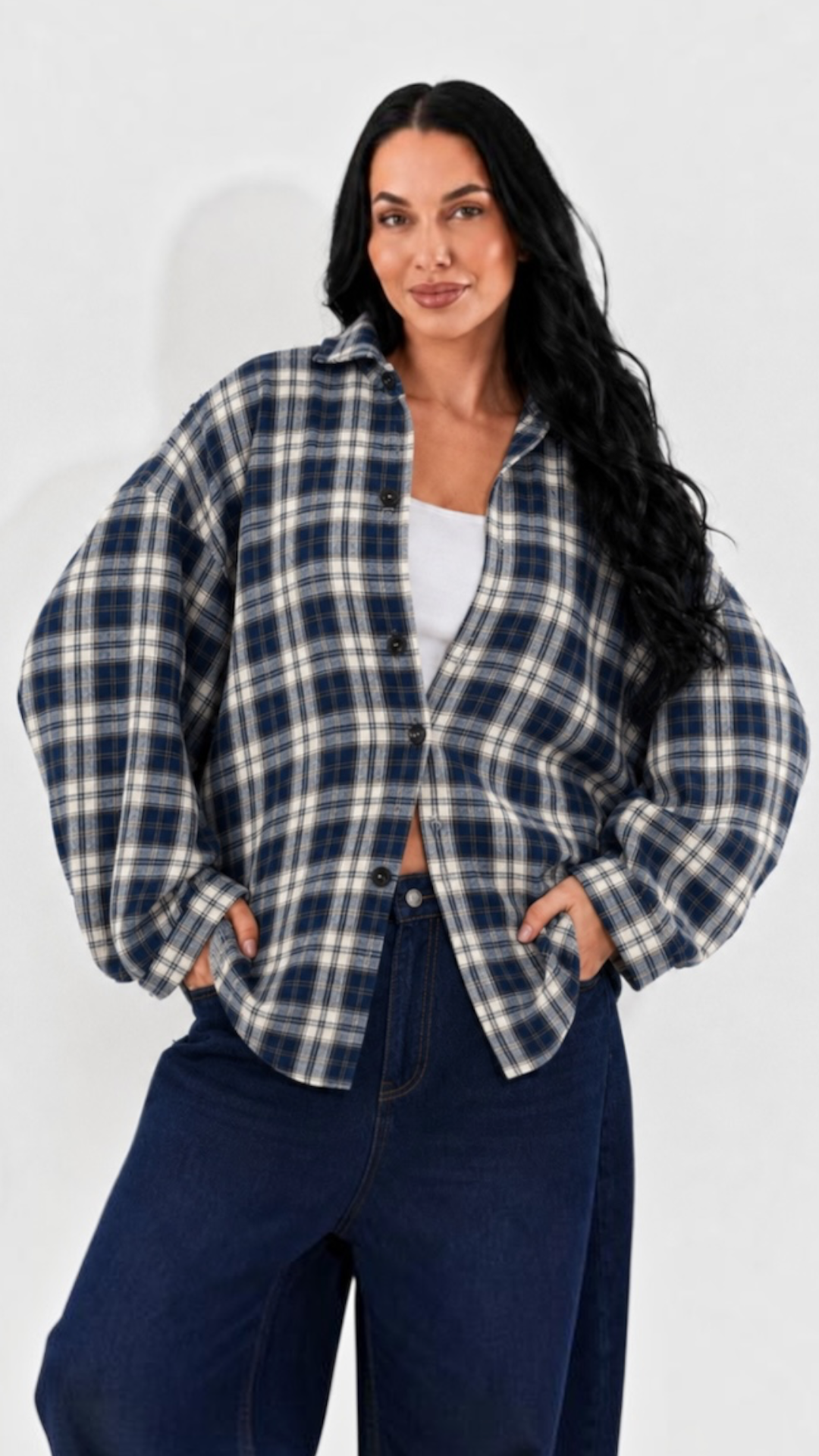 Camasa dama oversize in carouri bleumarin-crem