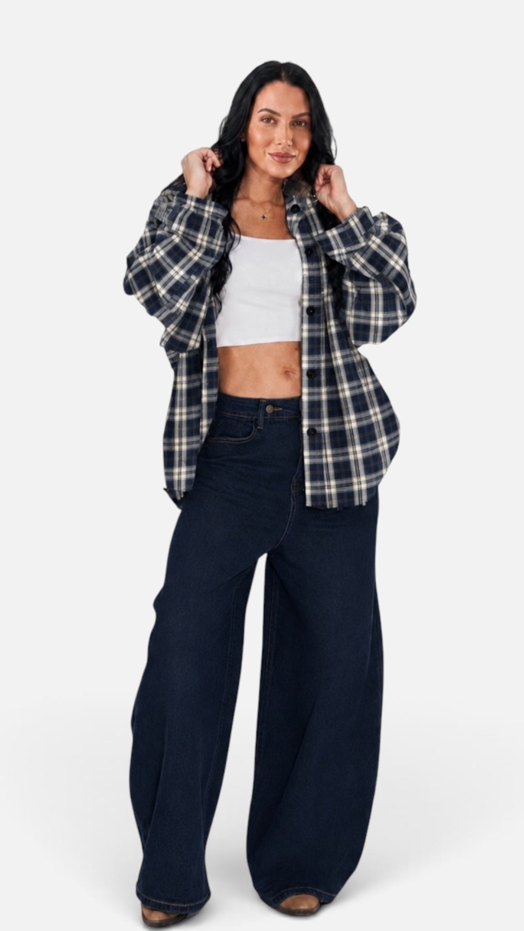 Camasa dama oversize in carouri bleumarin-crem