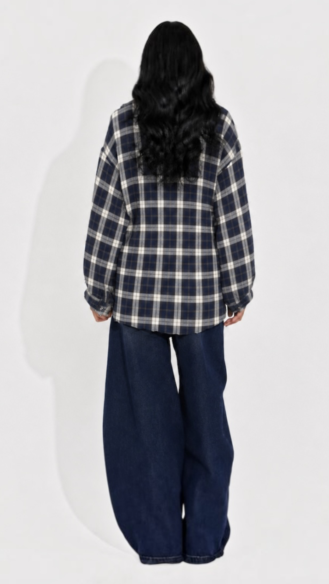 Camasa dama oversize in carouri bleumarin-crem