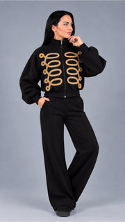 Trening dama negru format din hanorac bomber cu ornamente in stil militar si pantaloni largi