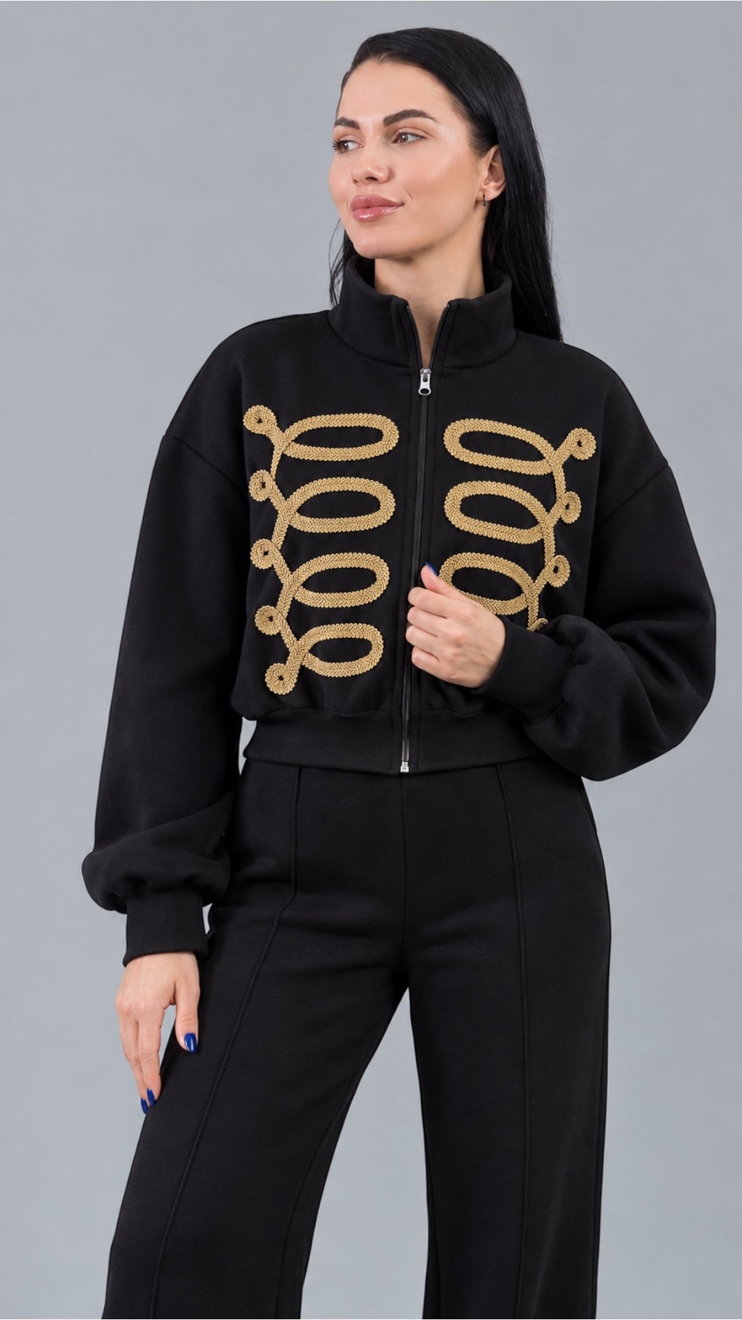 Trening dama negru format din hanorac bomber cu ornamente in stil militar si pantaloni largi