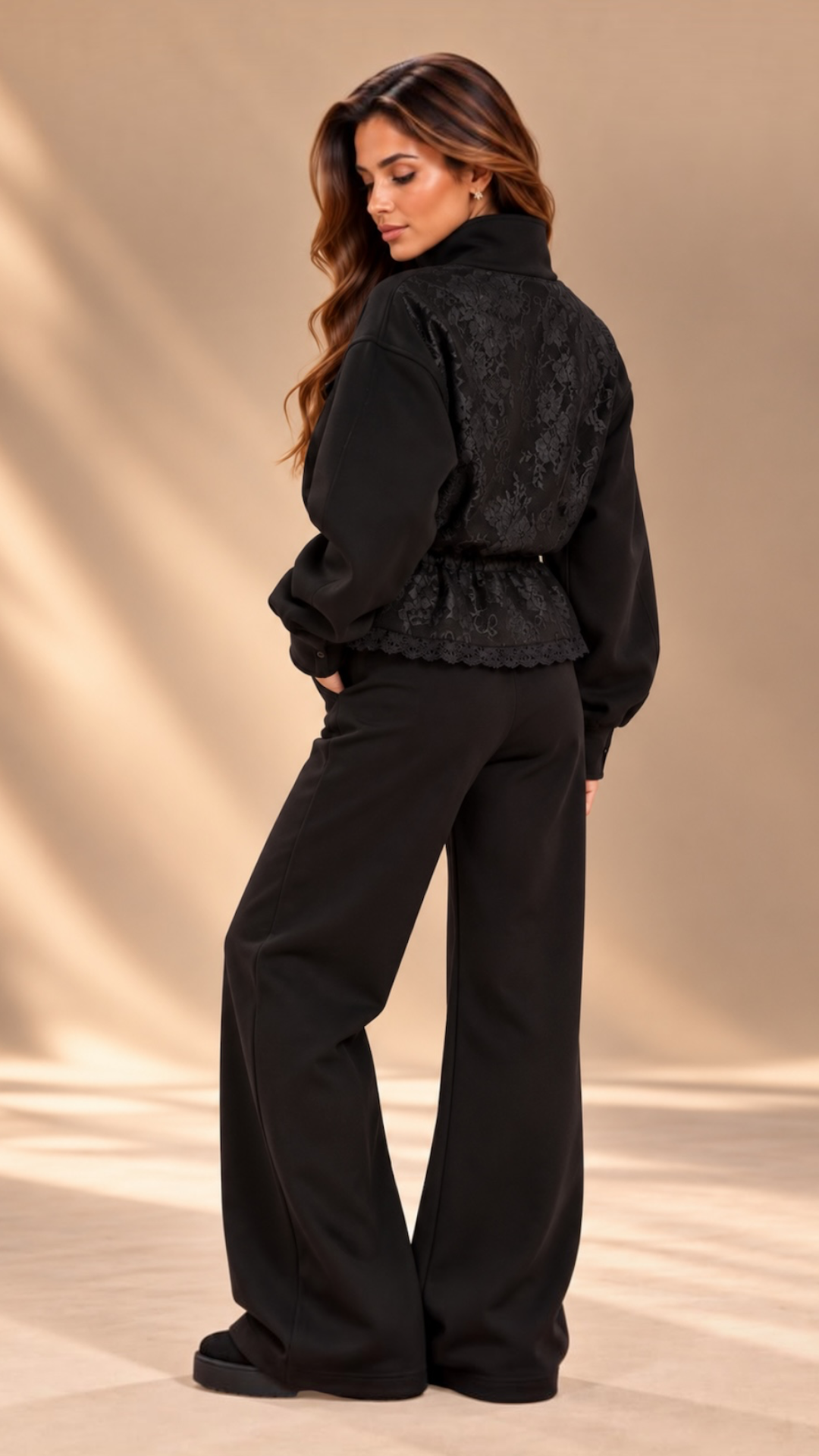Trening dama negru cu talie ajustabila si dantela chantilly