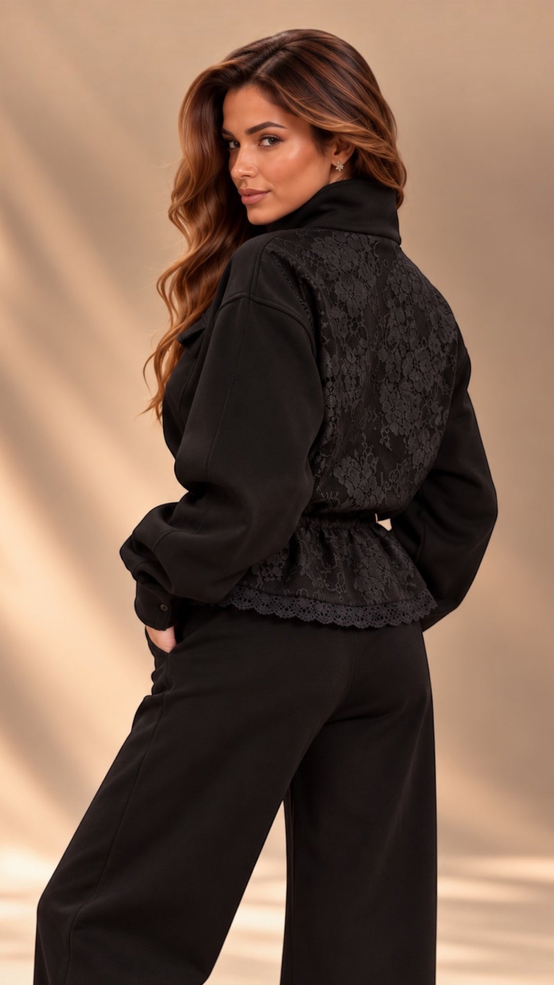 Trening dama negru cu talie ajustabila si dantela chantilly