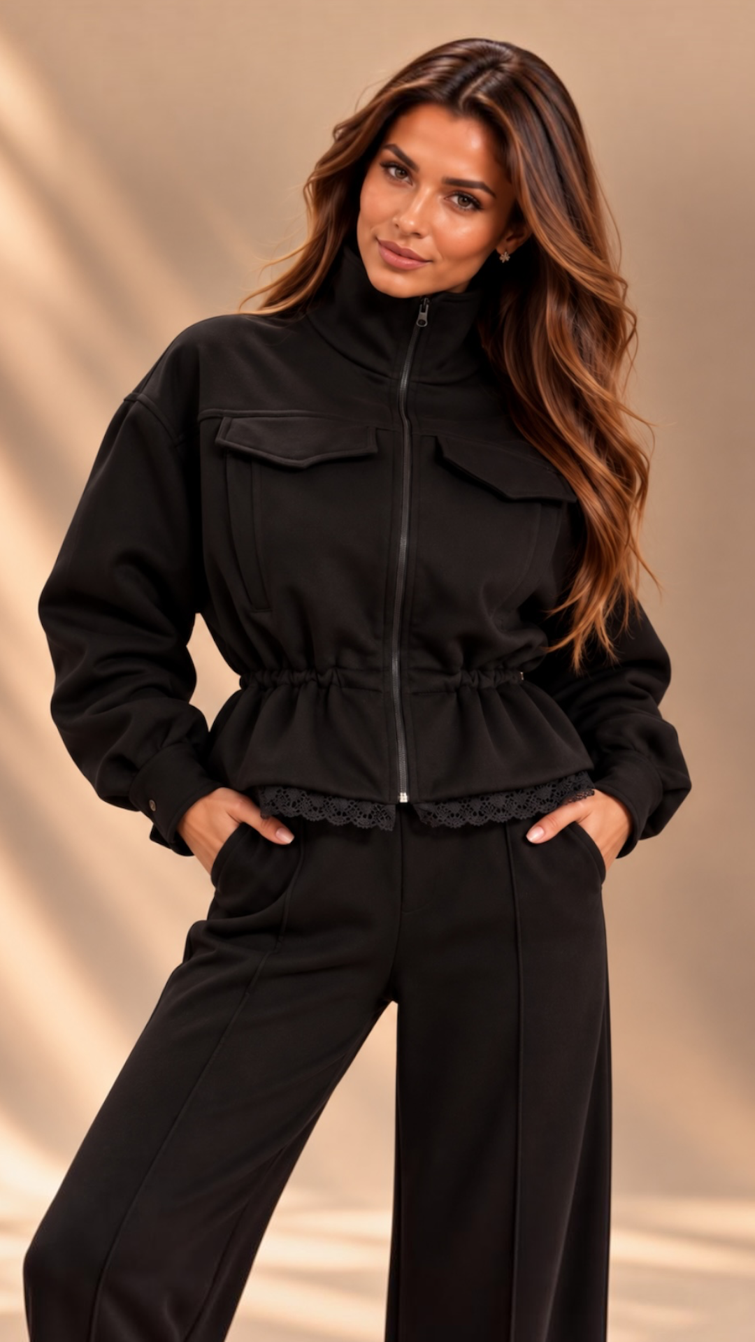 Trening dama negru cu talie ajustabila si dantela chantilly