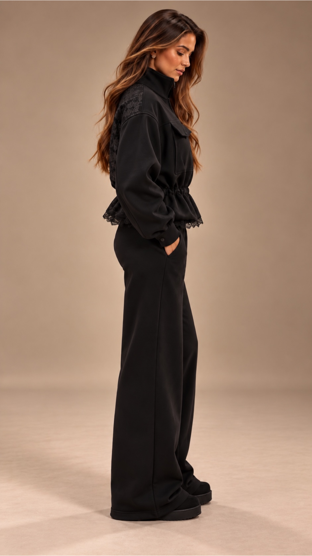 Trening dama negru cu talie ajustabila si dantela chantilly