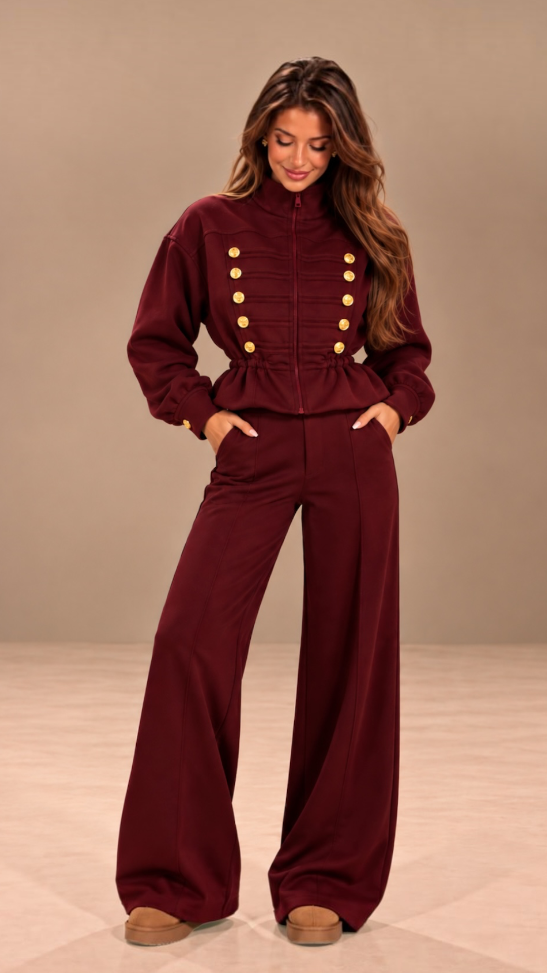 Trening dama burgundi in stil militar cu nervuri decorative si nasturi aurii