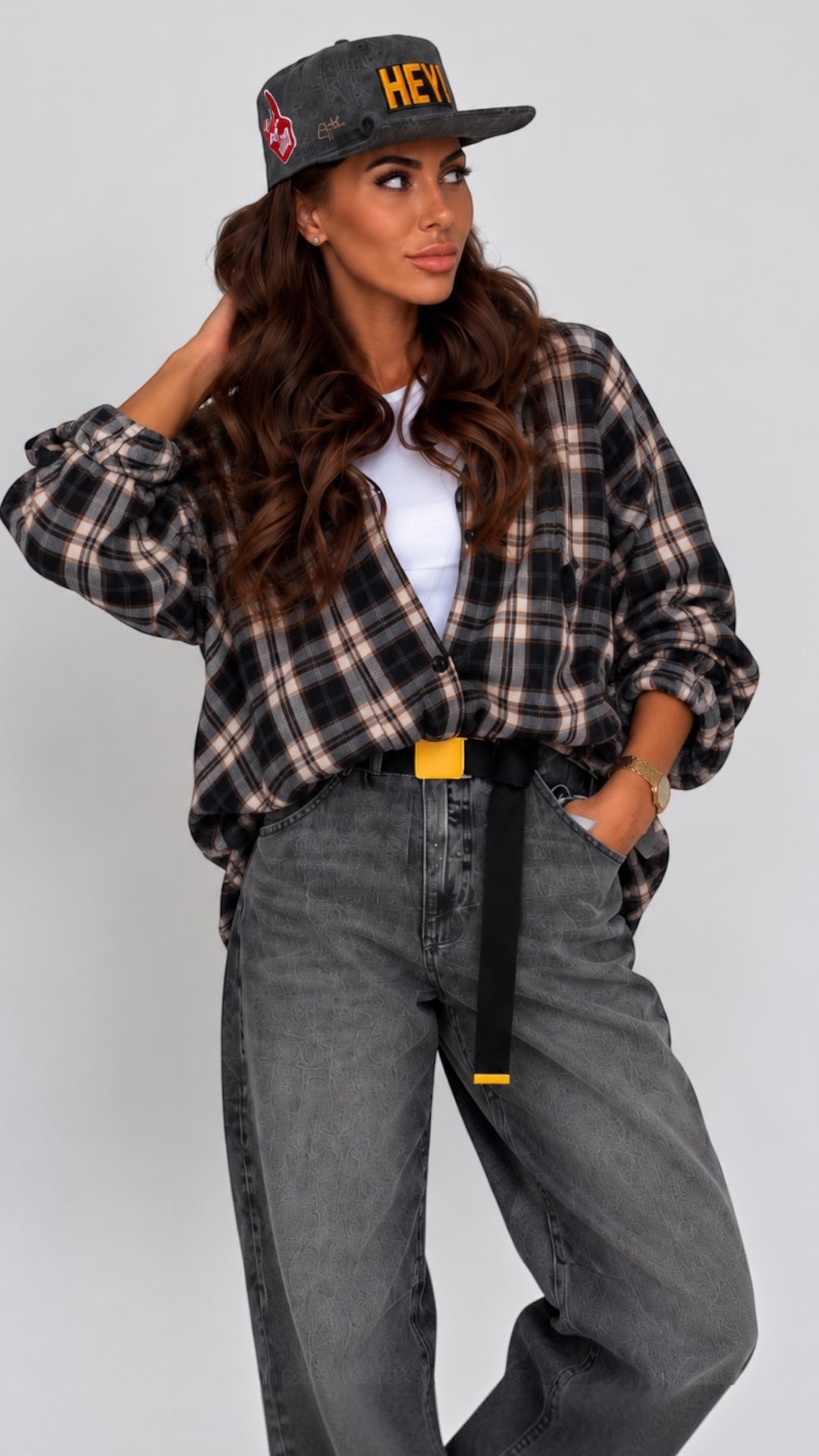 Camasa dama oversize in carouri bleumarin-crem