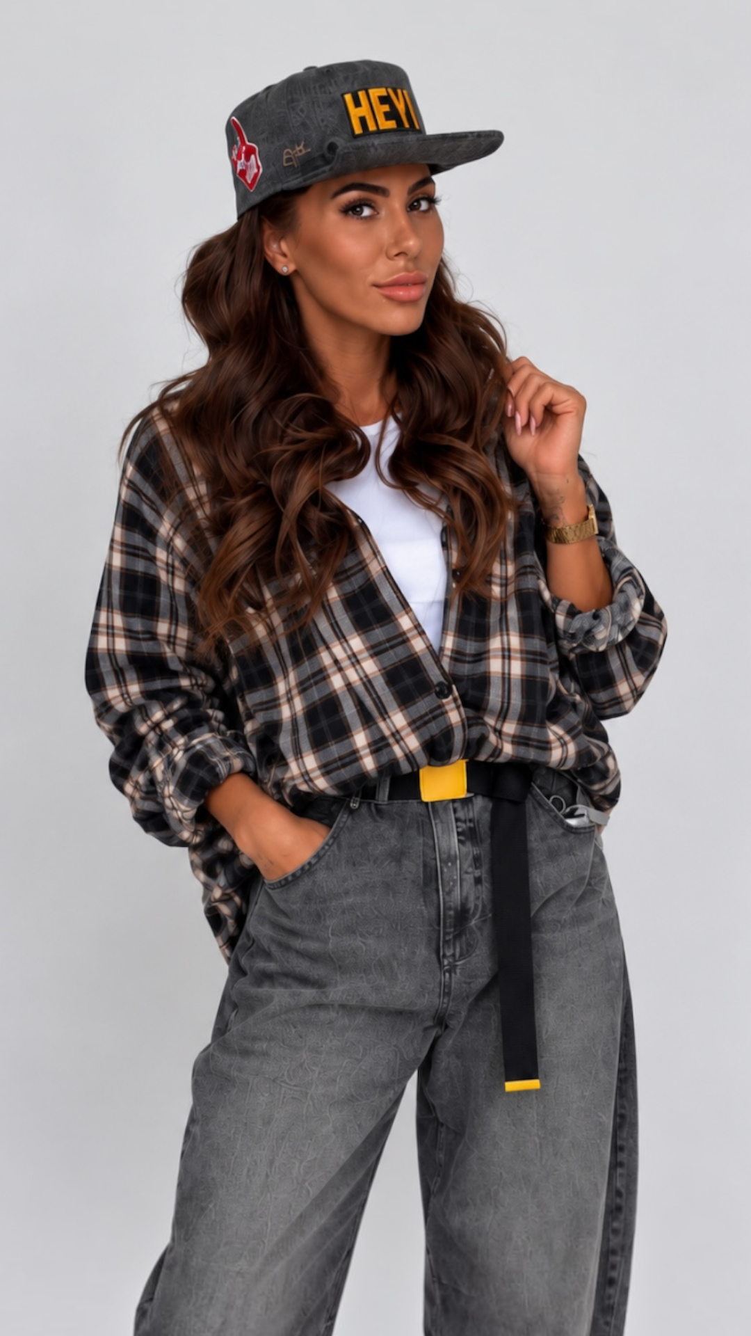 Camasa dama oversize in carouri bleumarin-crem