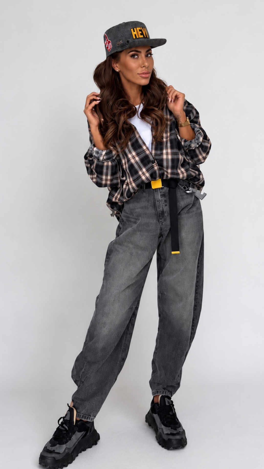 Camasa dama oversize in carouri bleumarin-crem