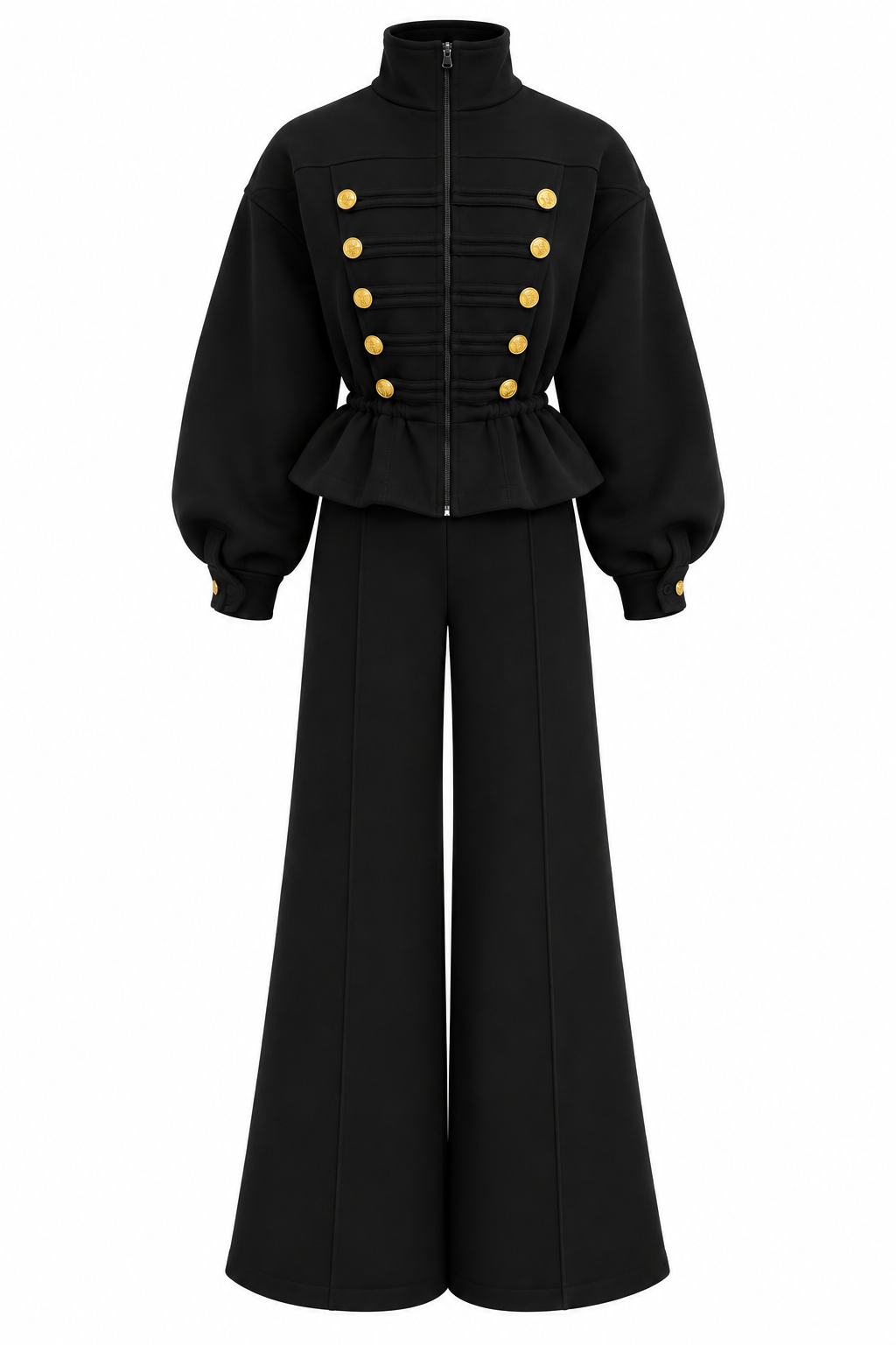 Trening dama negru in stil militar cu nervuri decorative si nasturi aurii