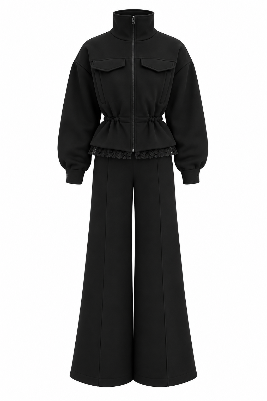Trening dama negru cu talie ajustabila si dantela chantilly