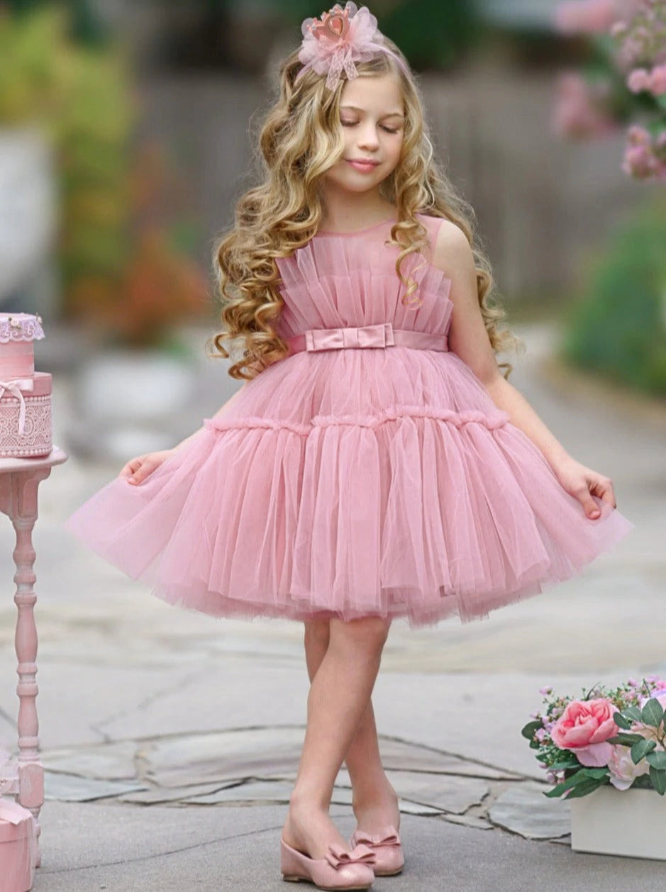 Rochie fete roz pudra din tul cu funda Preciosa