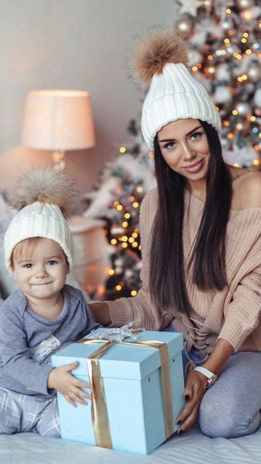 Set fesuri cu mot din blana naturala – Mommy & Me - Alb