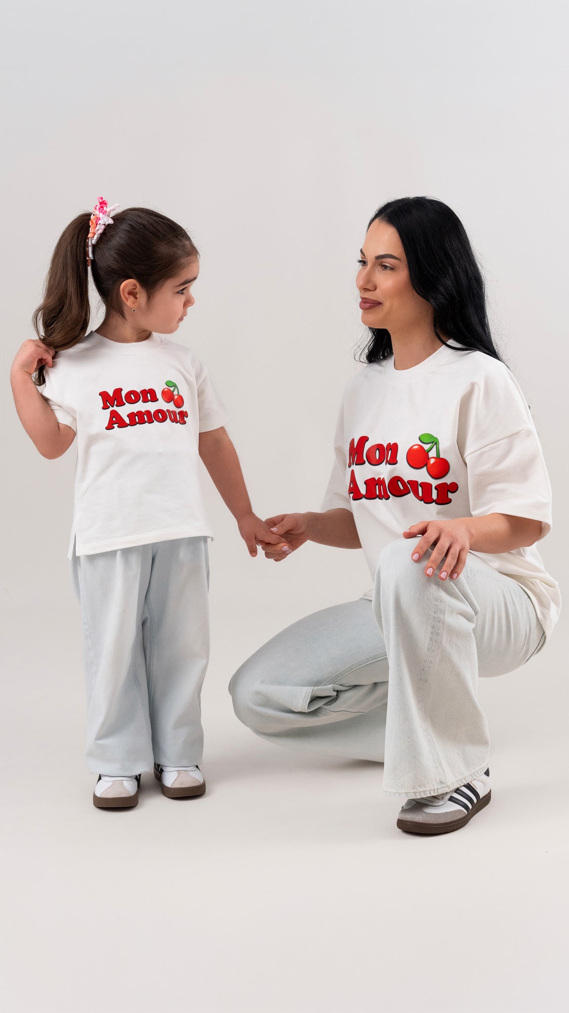 Set tricouri mama fiica off white din bumbac premium cu imprimeu - Mon Amour
