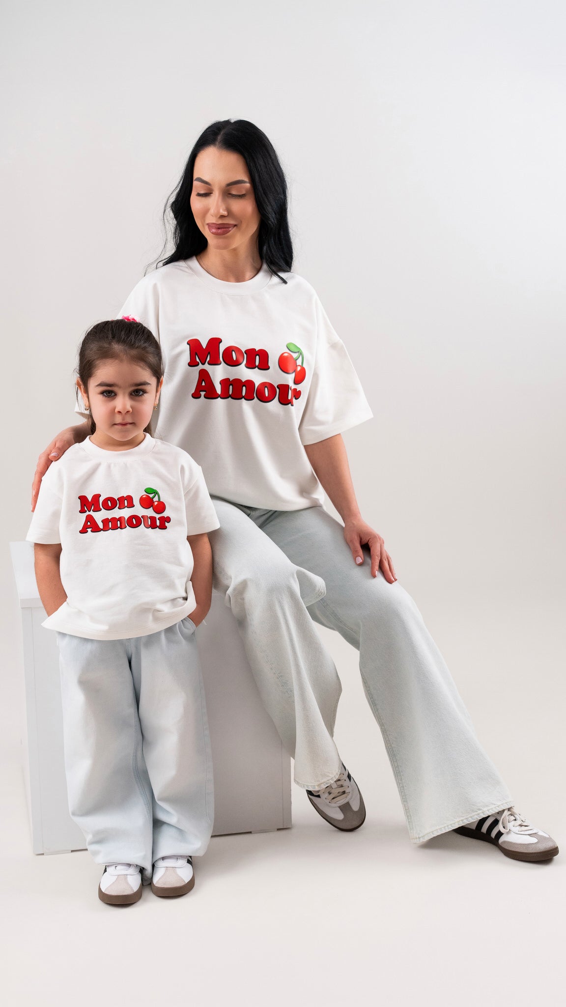 Set tricouri mama fiica off white din bumbac premium cu imprimeu - Mon Amour