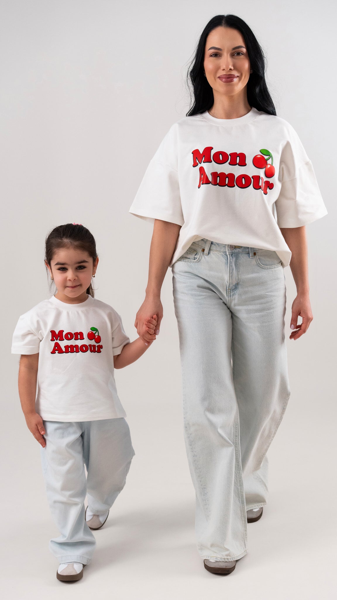 Set tricouri mama fiica off white din bumbac premium cu imprimeu - Mon Amour