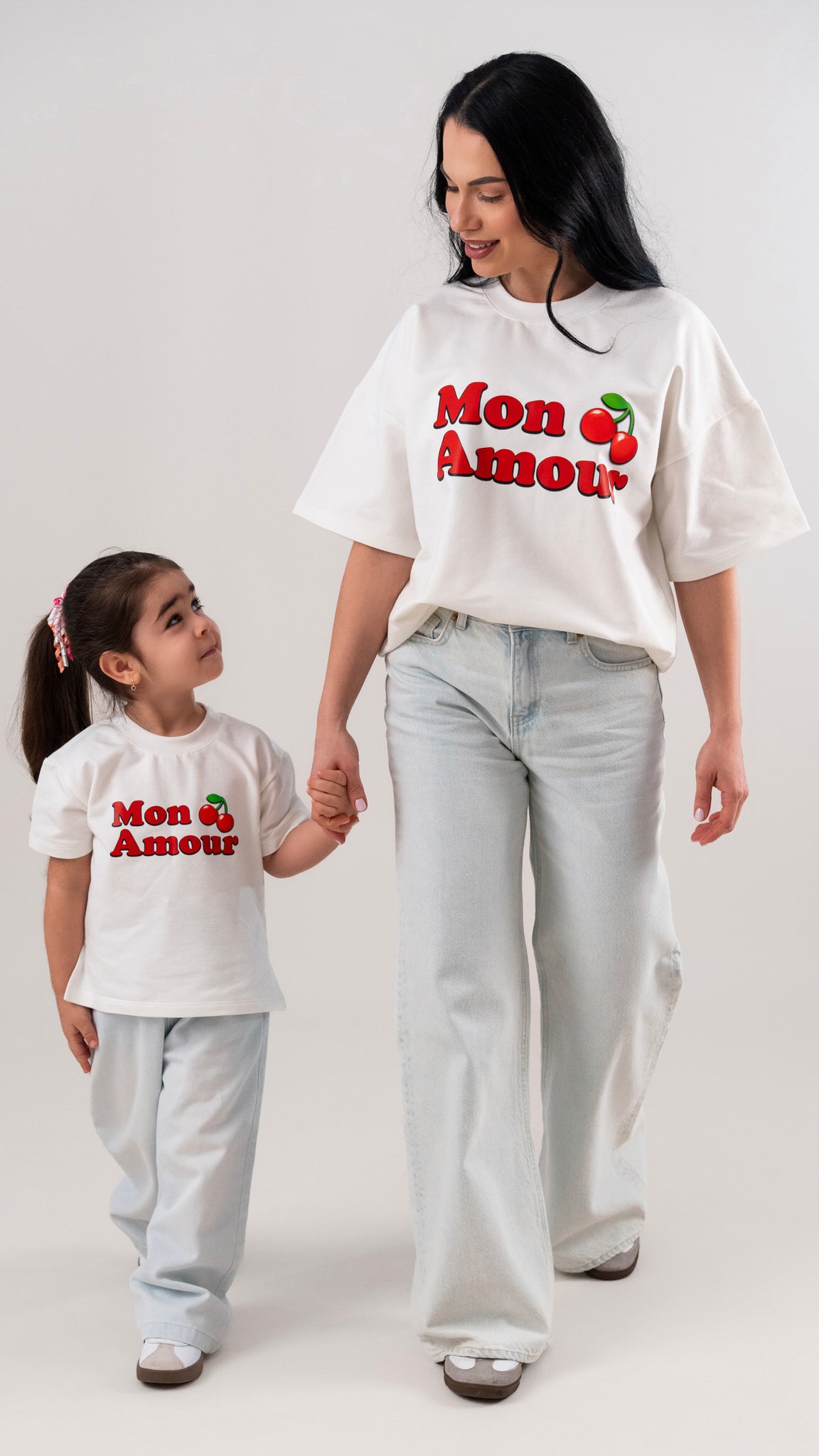 Set tricouri mama fiica off white din bumbac premium cu imprimeu - Mon Amour