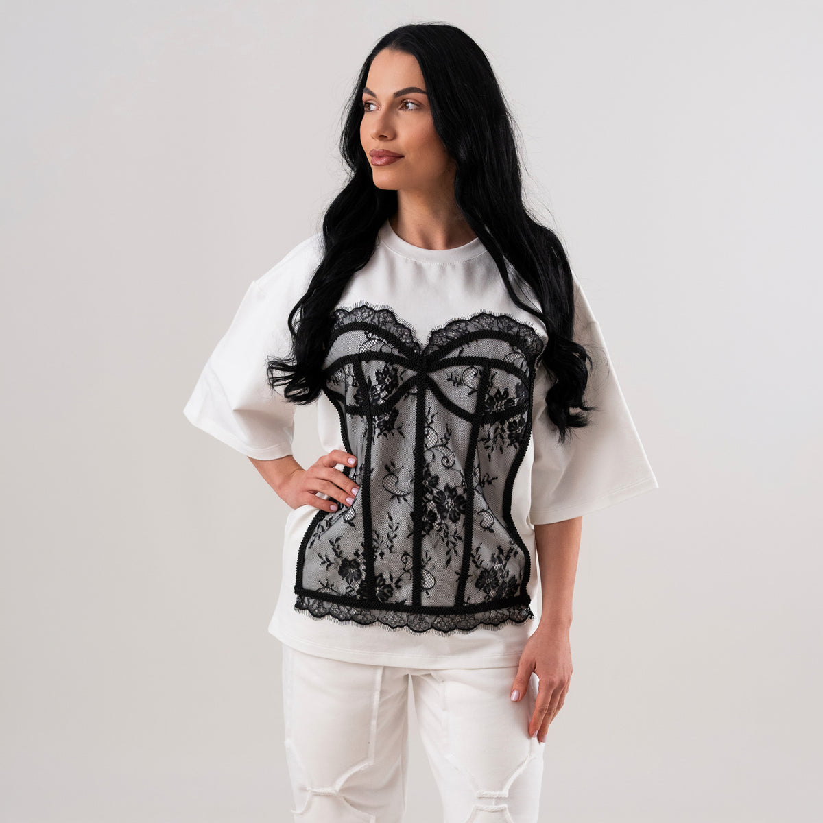 Tricou dama off white din bumbac premium cu corset din dantela