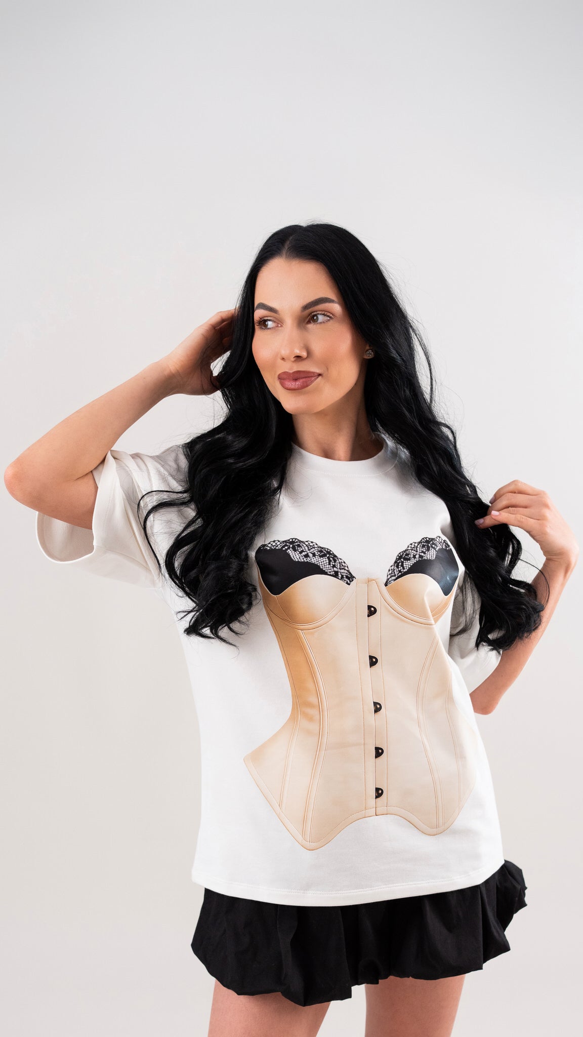 Tricou dama alb din bumbac premium cu imprimeu corset