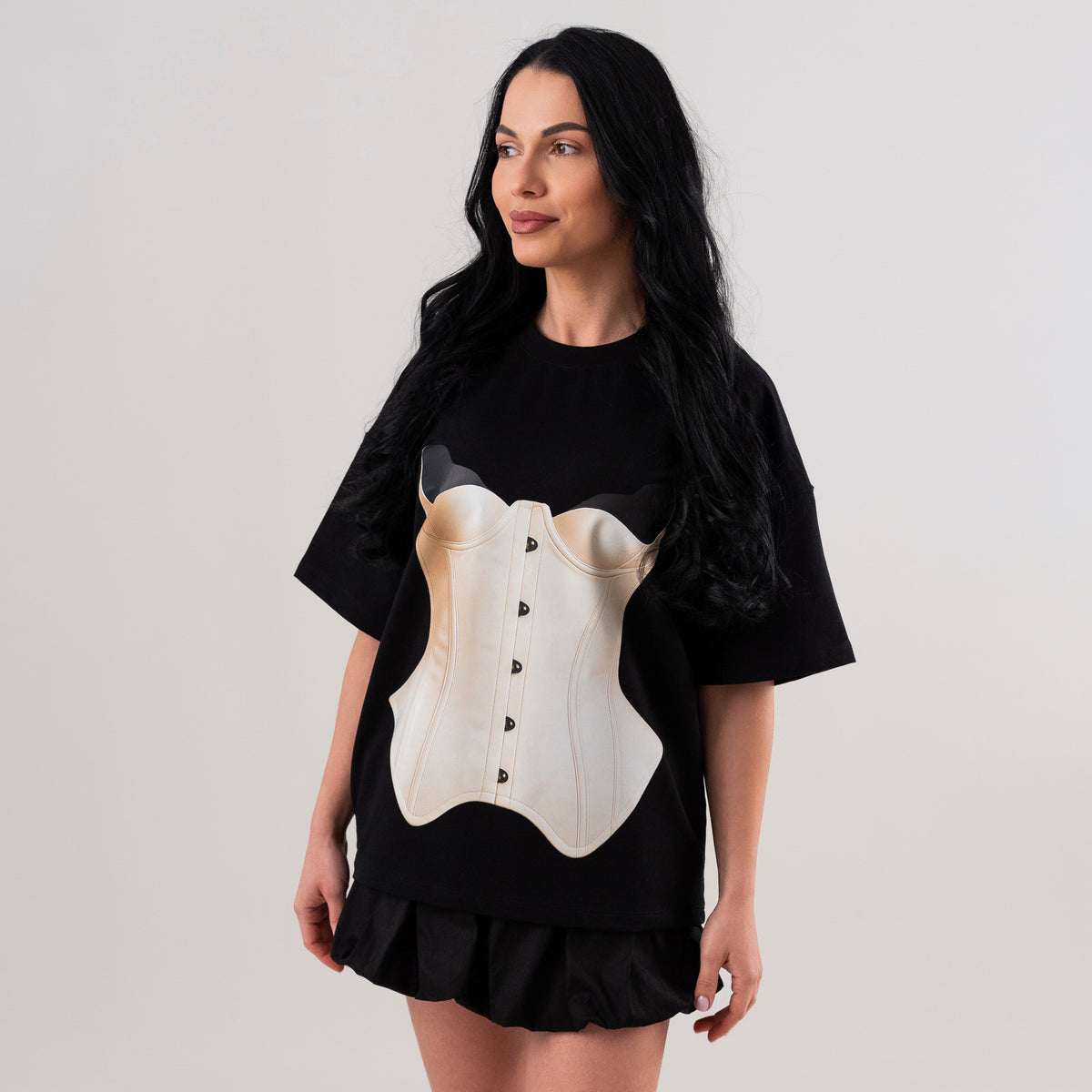 Tricou dama negru din bumbac premium cu imprimeu corset