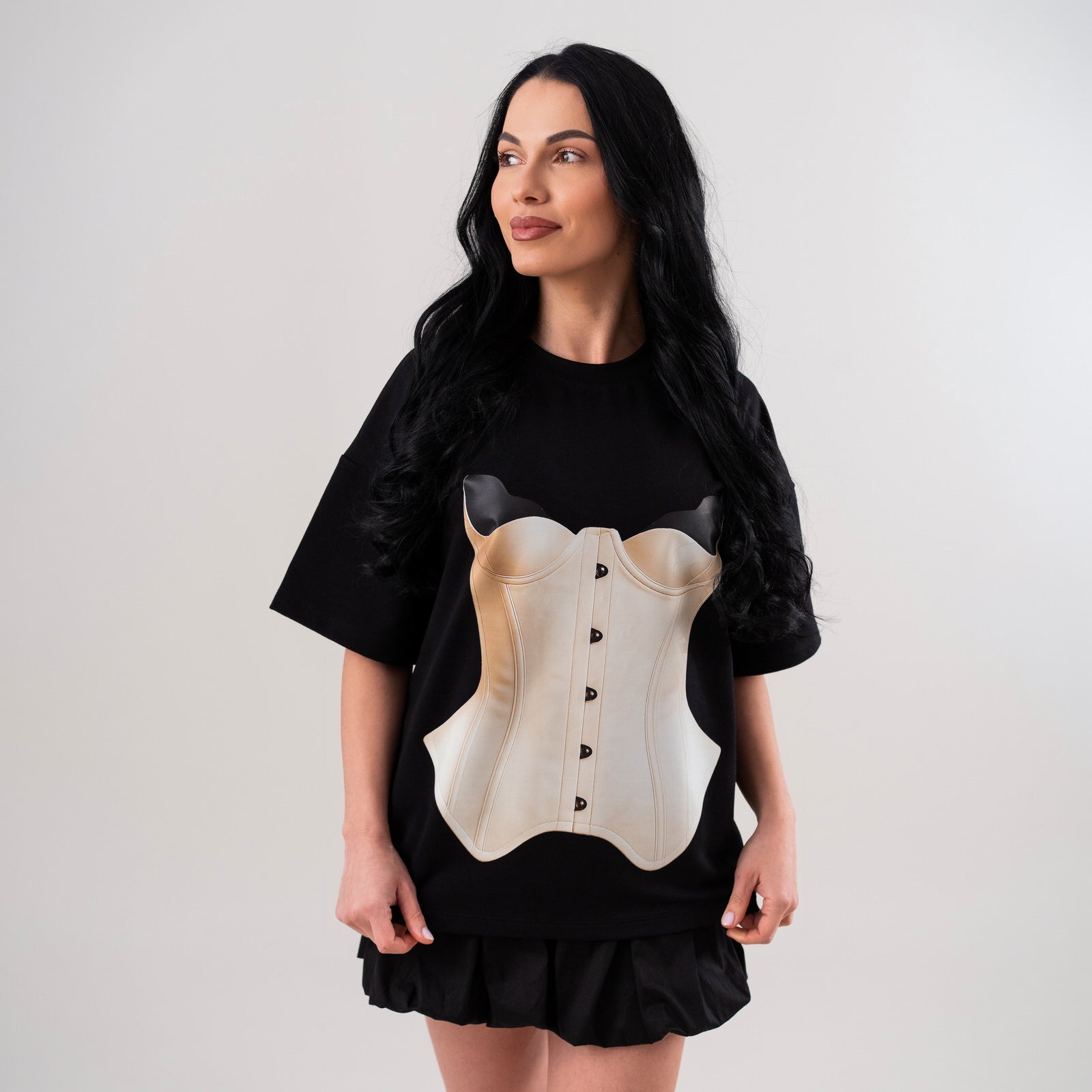 Tricou dama negru din bumbac premium cu imprimeu corset