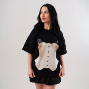 Tricou dama negru din bumbac premium cu imprimeu corset