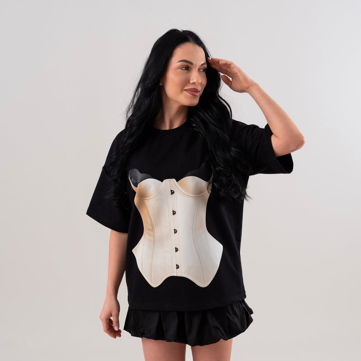 Tricou dama negru din bumbac premium cu imprimeu corset
