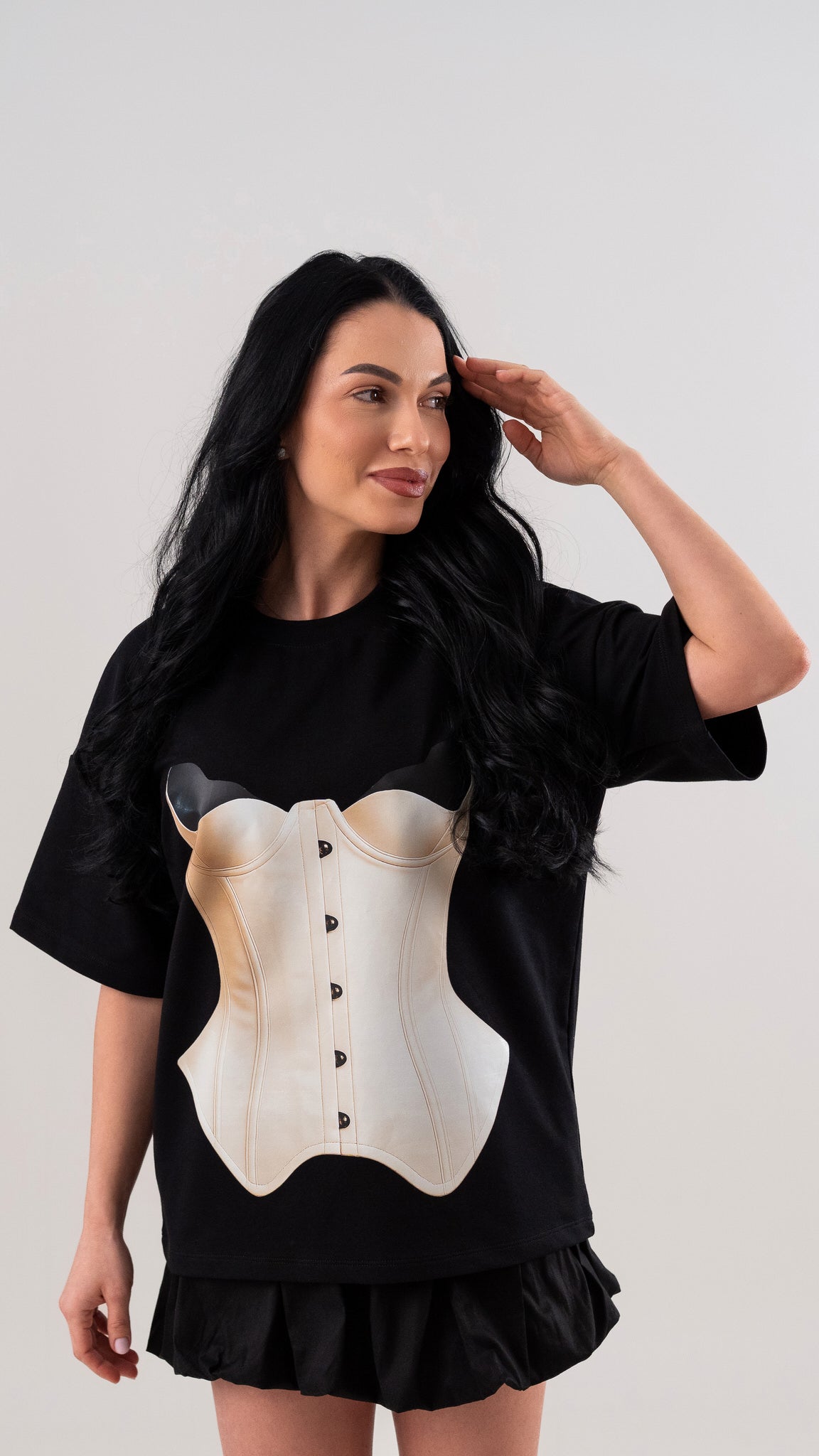 Tricou dama negru din bumbac premium cu imprimeu corset