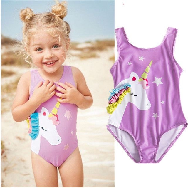 Costum de baie fete cu imprimeu unicorn si aplicatie din volane