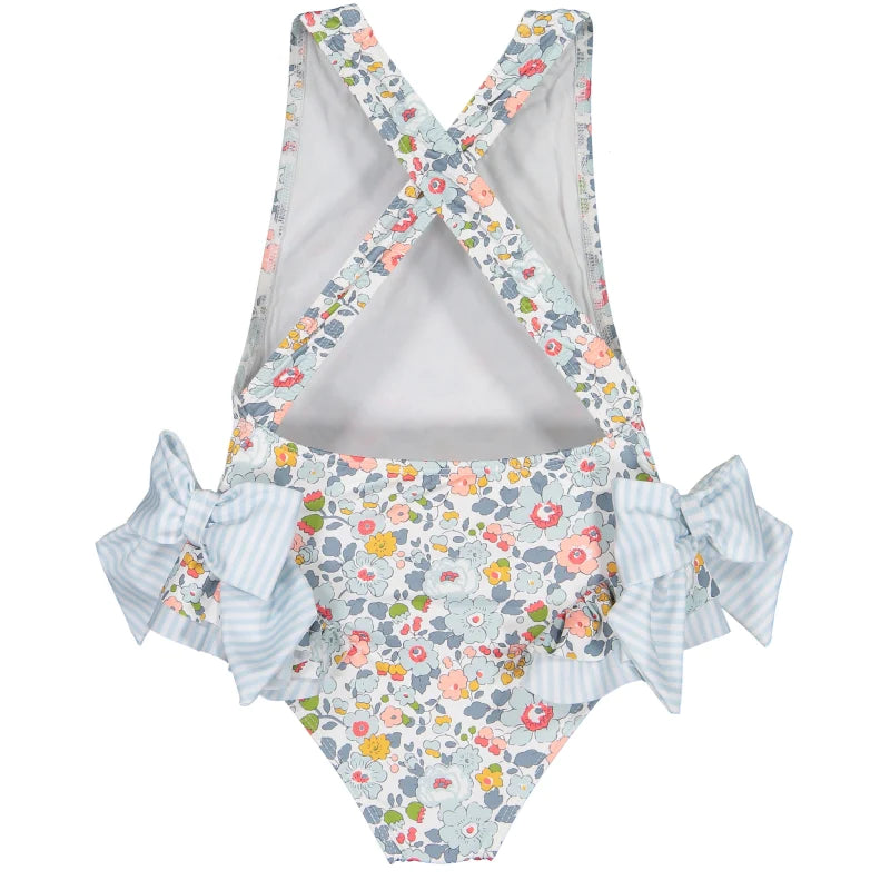 Costum de baie fete cu funde supradimesionate si imprimeu cu flori