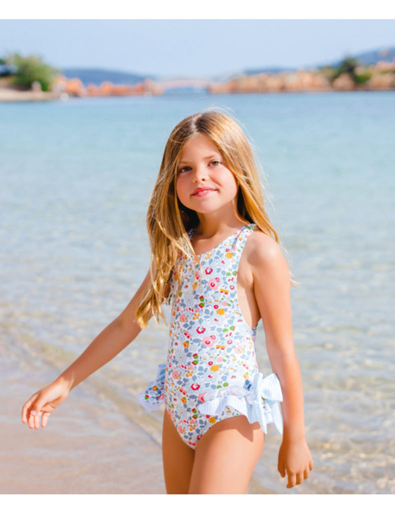 Costum de baie fete cu funde supradimesionate si imprimeu cu flori