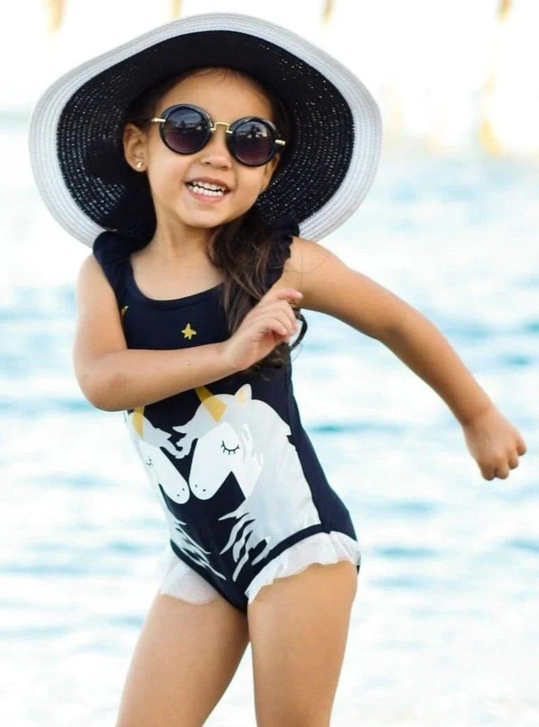 Costum de baie fete cu volane si imprimeu unicorni