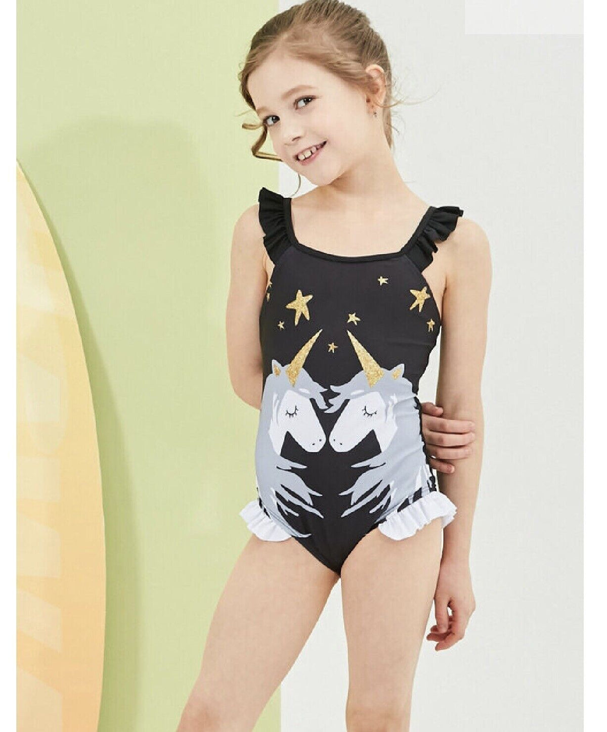 Costum de baie fete cu volane si imprimeu unicorni