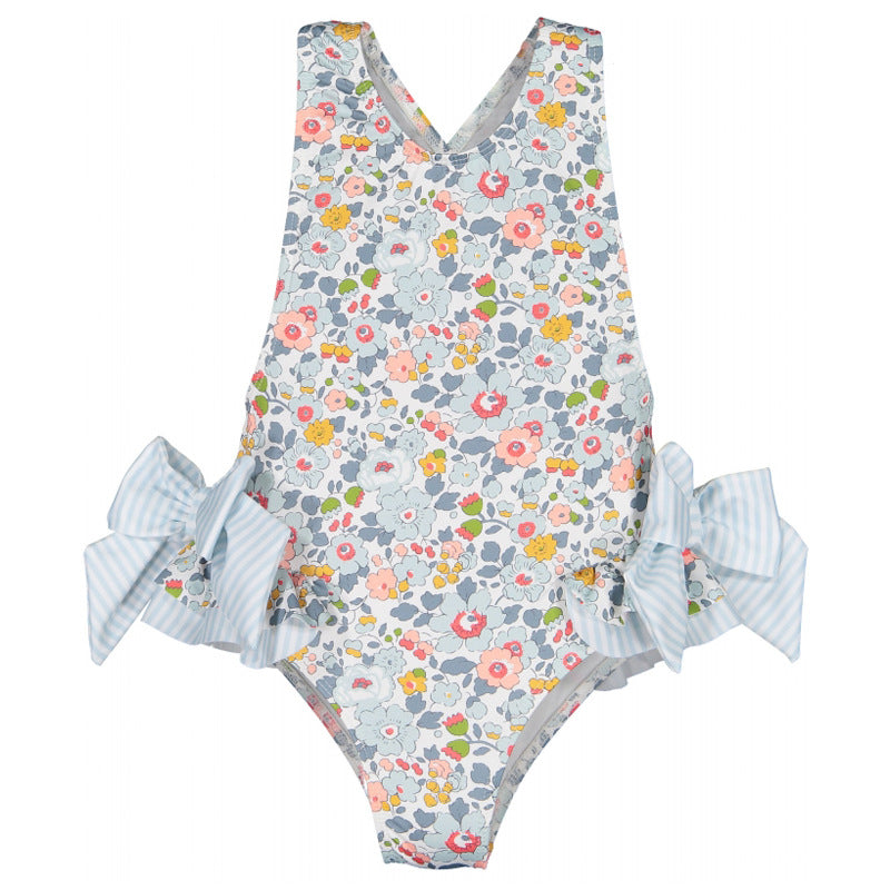 Costum de baie fete cu funde supradimesionate si imprimeu cu flori