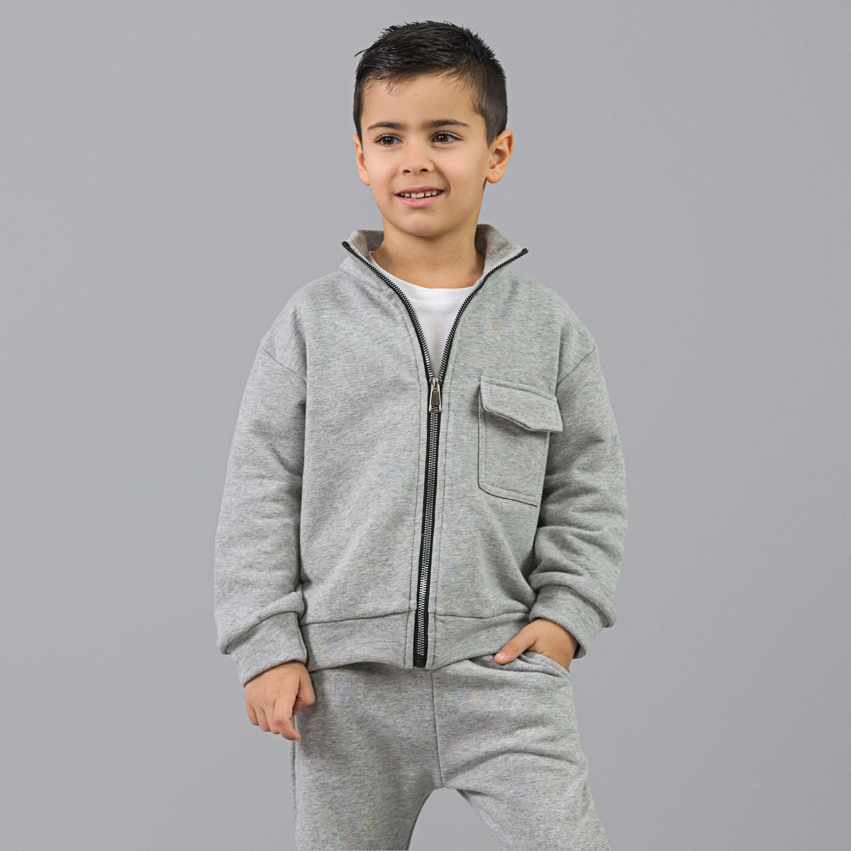 Trening baieti gri melange format din hanorac cu guler înalt si pantaloni jogger