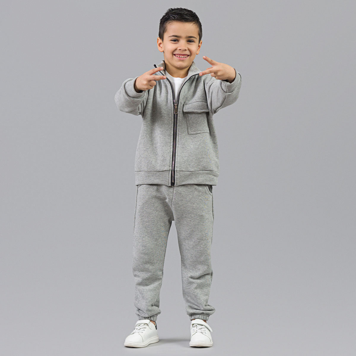 Trening baieti gri melange format din hanorac cu guler înalt si pantaloni jogger