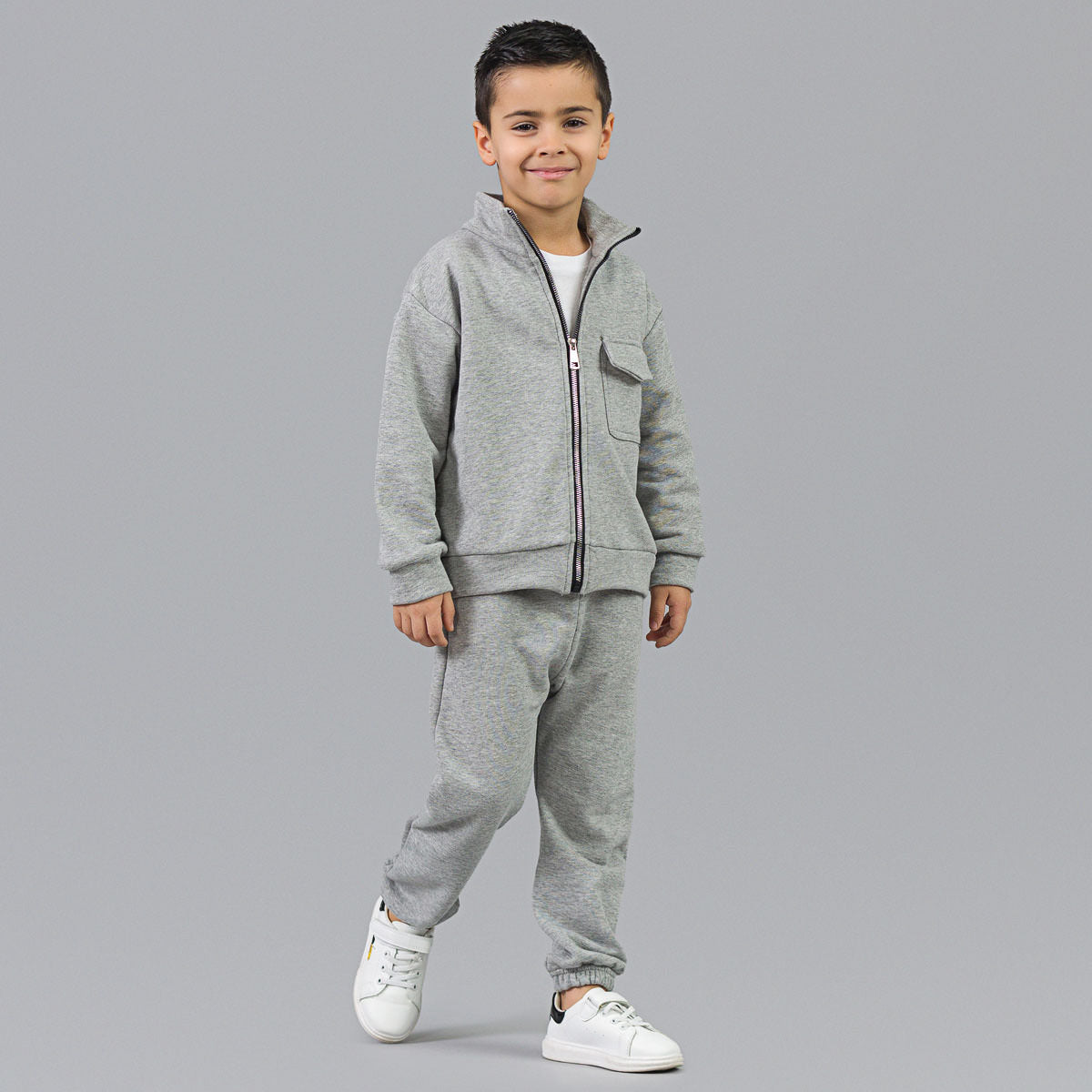 Trening baieti gri melange format din hanorac cu guler înalt si pantaloni jogger