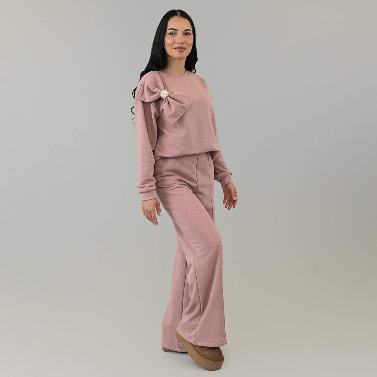 Set treninguri mama fiica roz pudra cu funda supradimensionata decorata cu perle