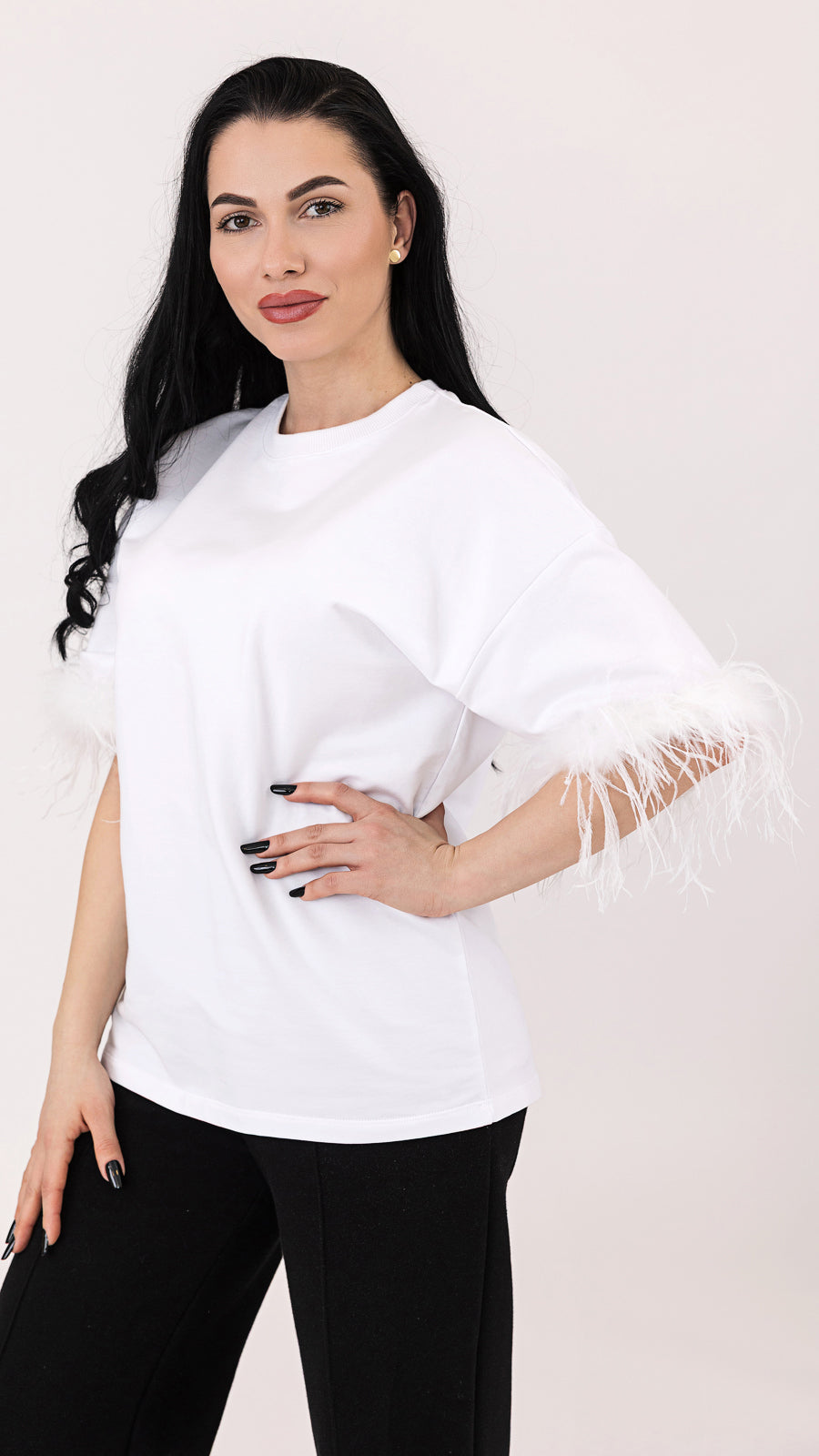 Set tricouri mama fiica alb cu pene de strut