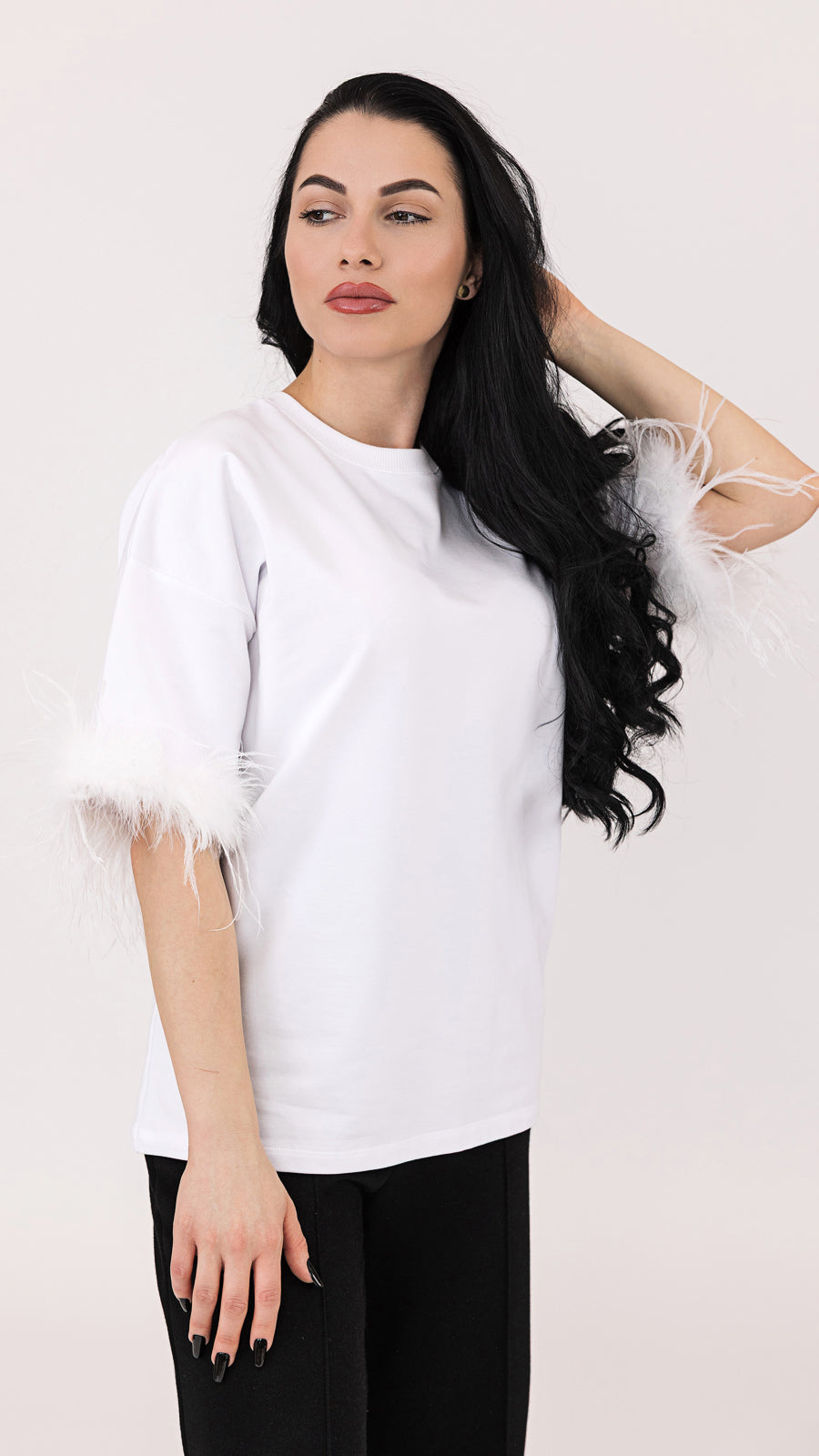 Set tricouri mama fiica alb cu pene de strut