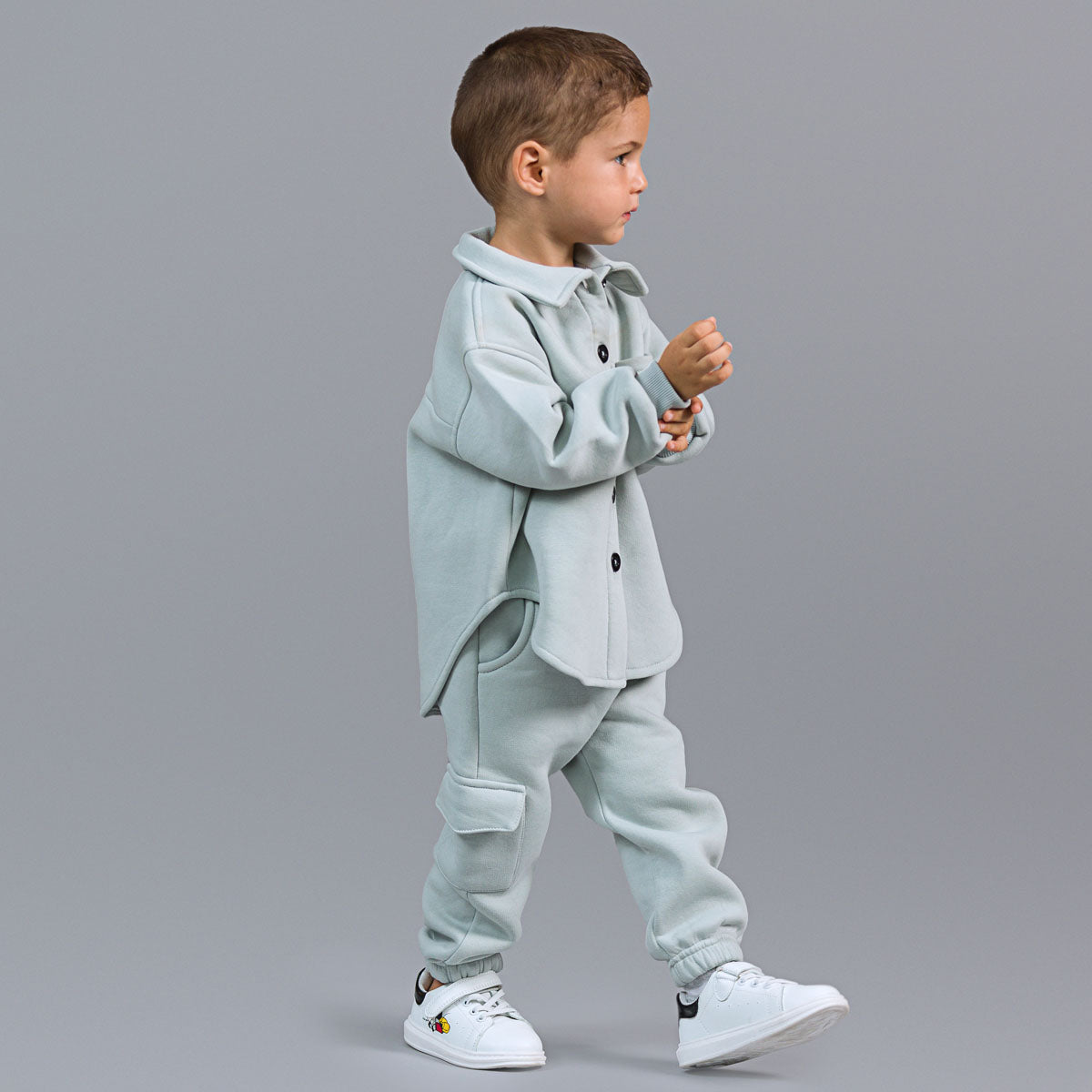 Trening fete gri format din jacheta tip camasa si pantaloni jogger