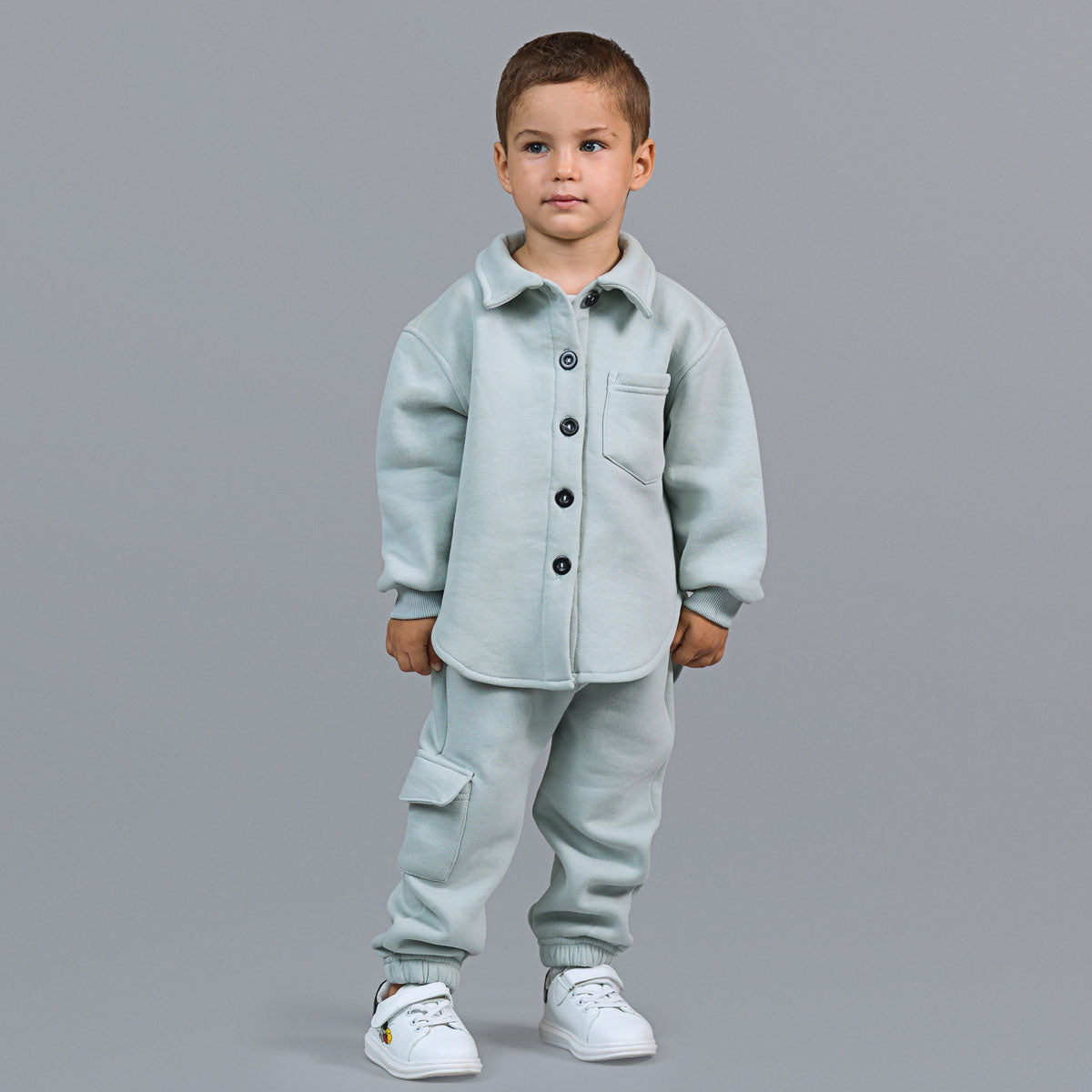 Trening baieti gri format din jacheta tip camasa si pantaloni jogger