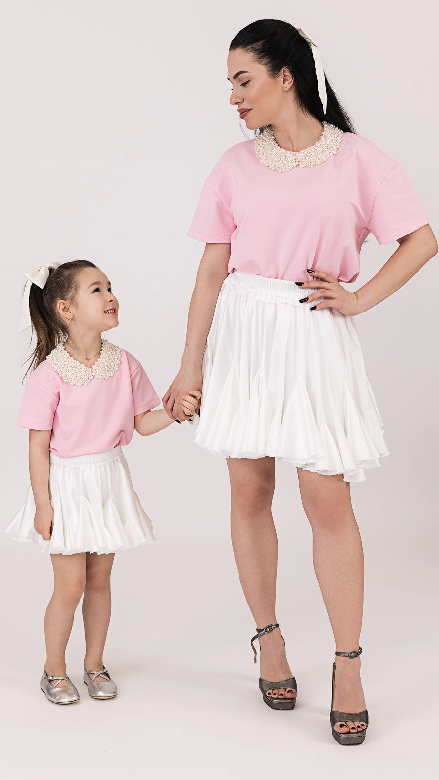 Set tricouri mama fiica roz cu guler cu perle