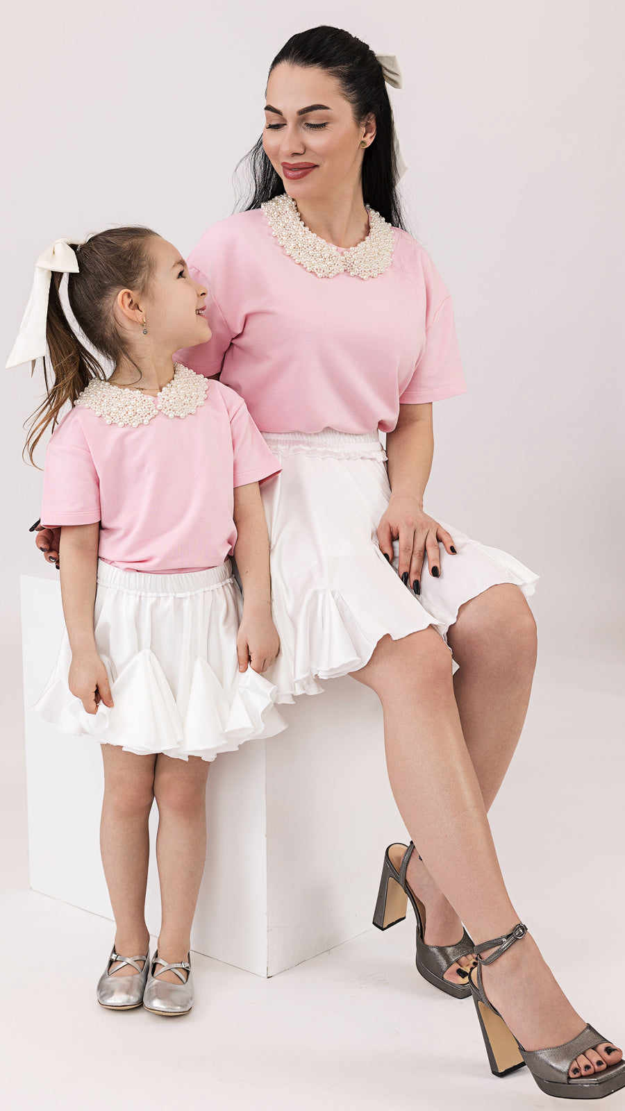 Set tricouri mama fiica roz cu guler cu perle