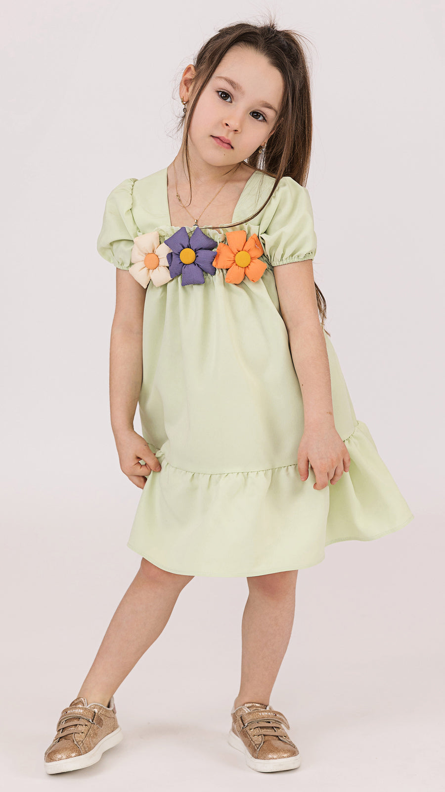 Rochie fete verde cu flori aplicate Floralina