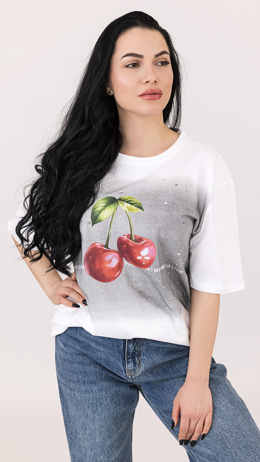 Tricou dama alb cu imprimeu cu cirese si strasuri